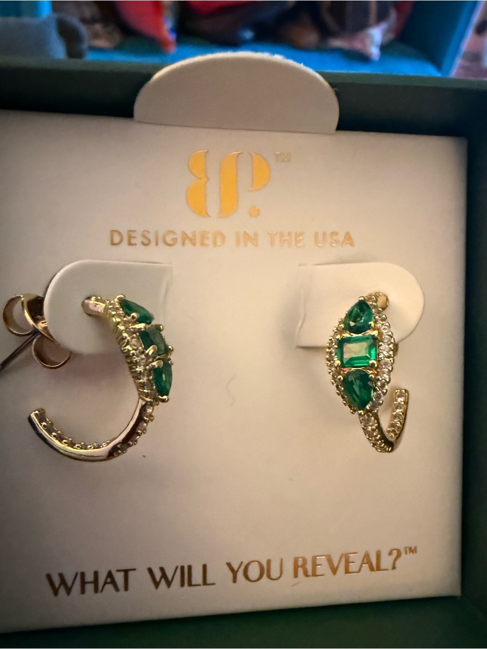 bp Gold-Plated Hoop Earrings with Emerald Green Crystals